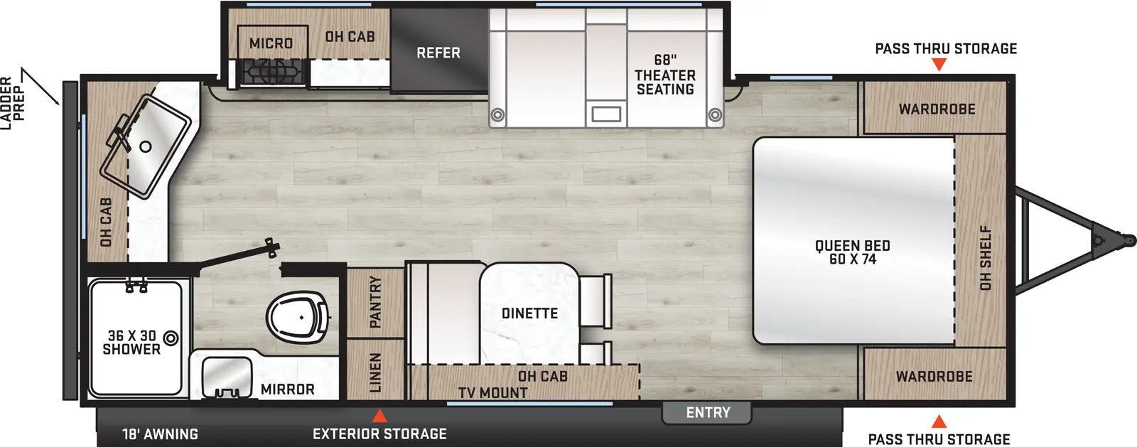 The 221MKE has one slideout and one entry. Exterior features a front pass-through storage, rear ladder prep, exterior storage, and 18 foot awning. Interior layout front to back: foot-facing queen bed with overhead shelf and wardrobes on each side; off-door side slideout with theater seating, refrigerator, overhead cabinet, kitchen counter, cooktop and microwave; door side entry, dinette with bench and chairs, overhead cabinet, TV mount, linen closet, and pantry; rear door side full bathroom with mirror; rear off-door side kitchen counter with sink and overhead cabinet.